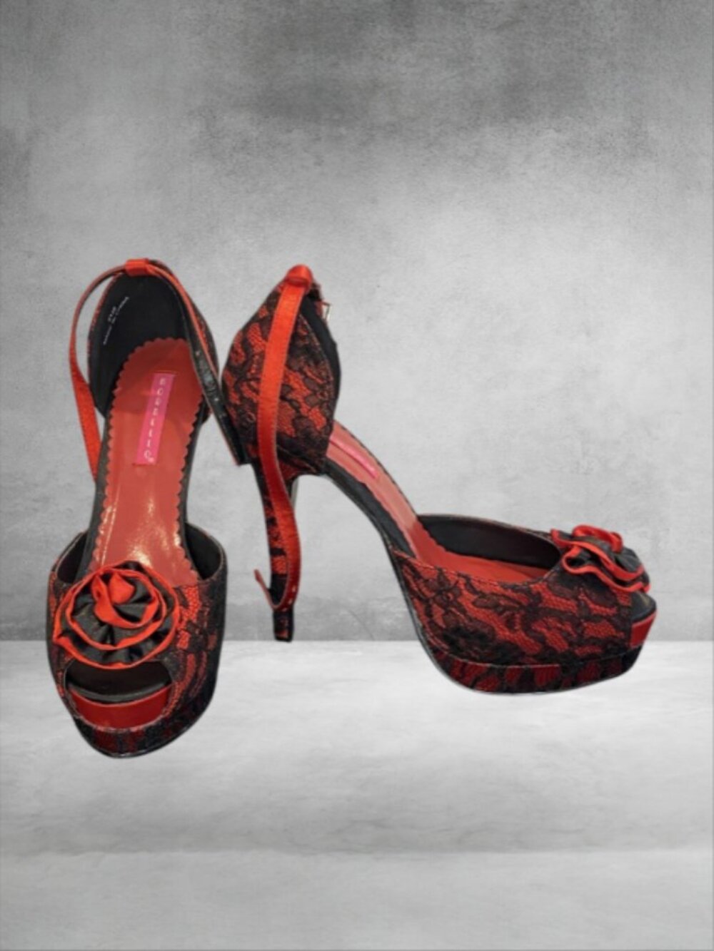 NEW BORDELLO -- Platform Stilettos, Red Satin w/Black Lace Overlay, Peep Toe